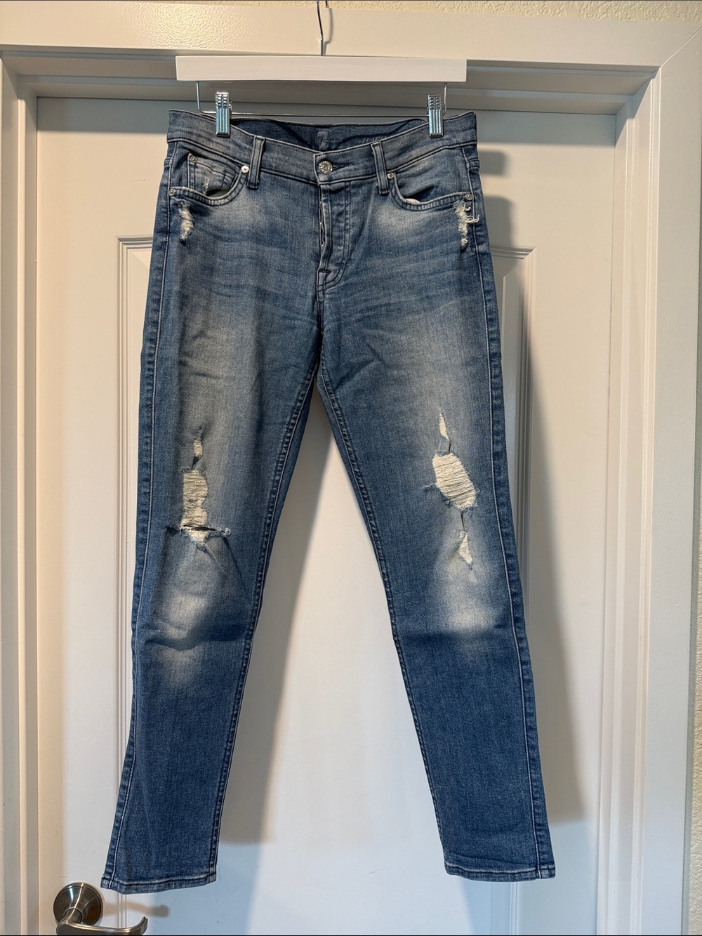 7 For All Mankind Women's Distressed Medium Blue Skinny Jeans